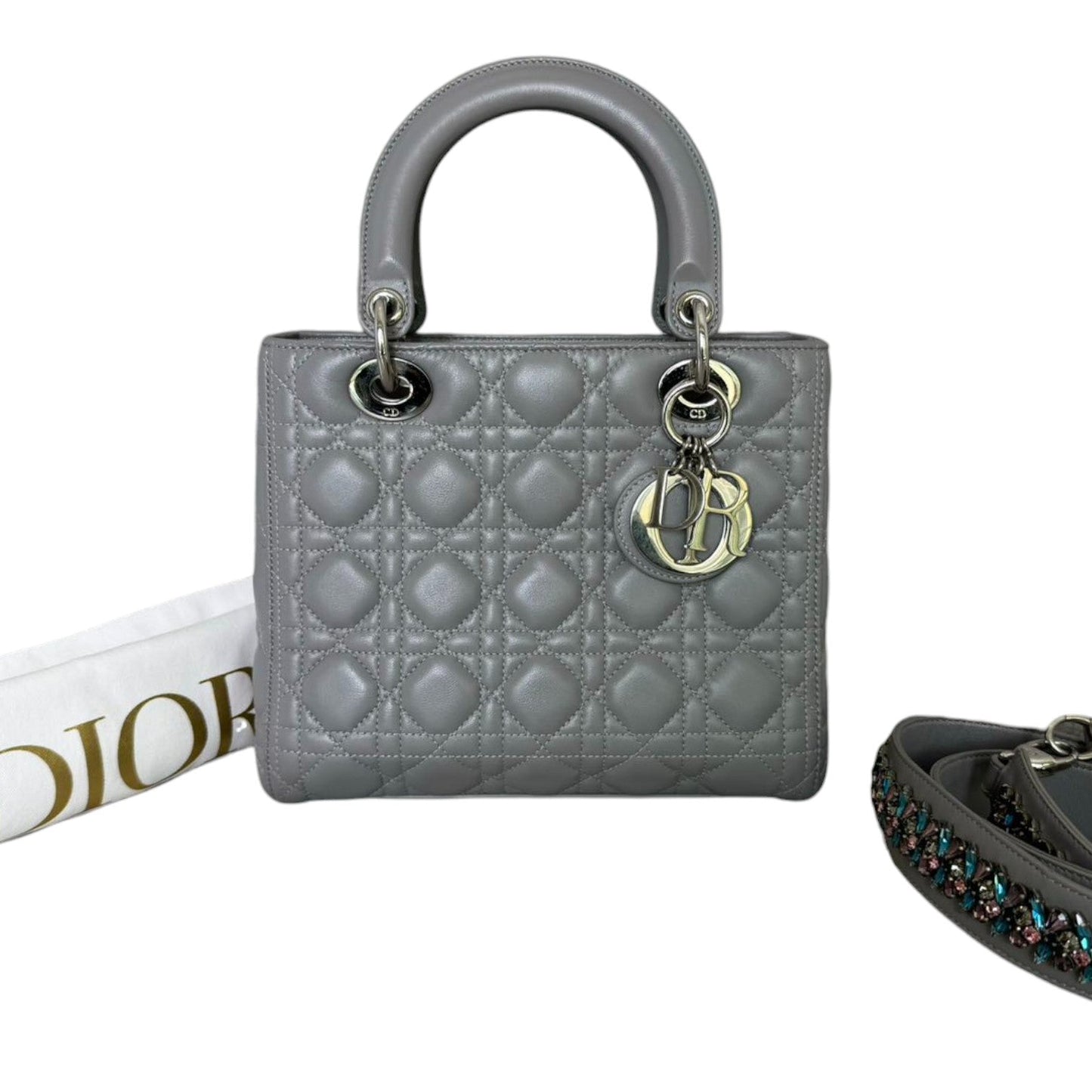 Lady Dior Medium Lambskin Cannage Grey SHW