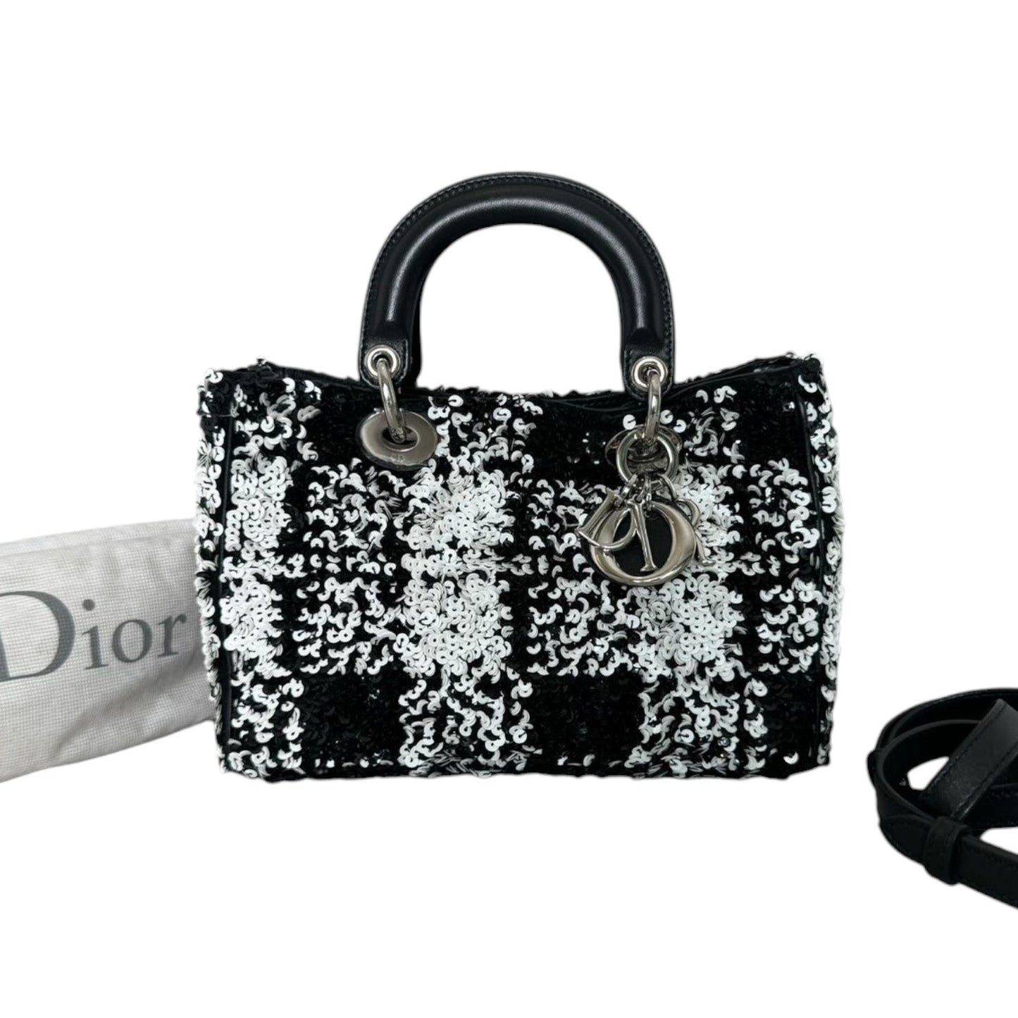 Lady Dior Medium Lambskin Sequin Embellished Black White SHW