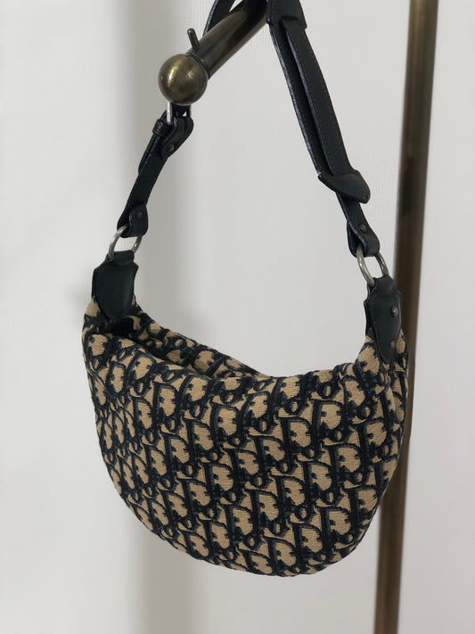 Christian Dior Trotter Jacquard Leather Shoulder bag Hobobag Navy Vintage wte43h