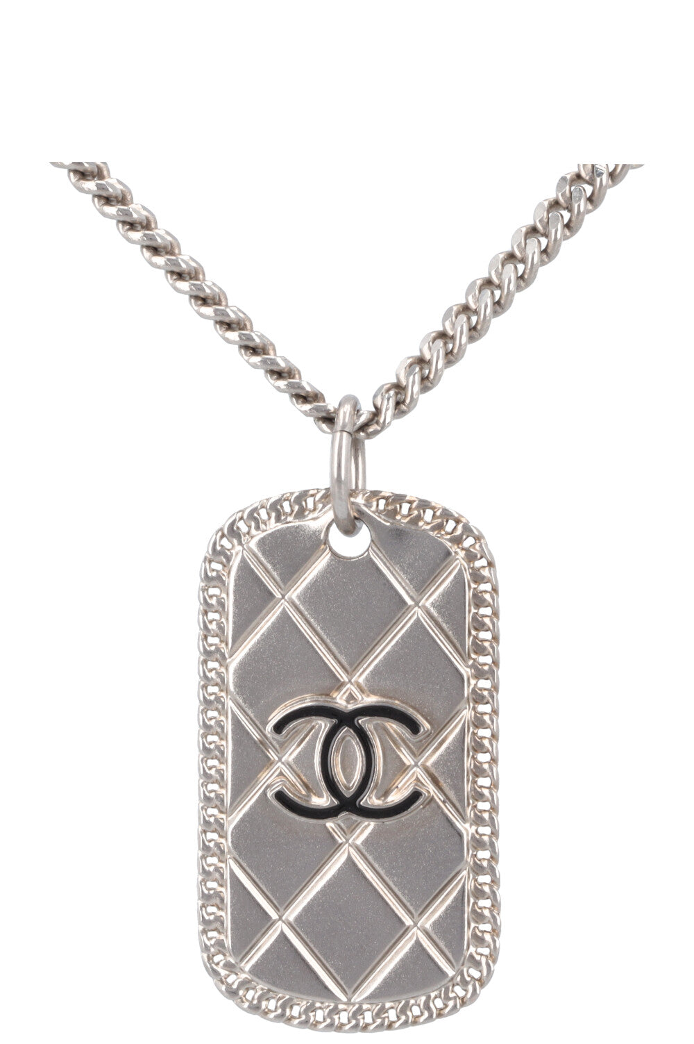 CHANEL 2009 Quilted Dog Tag CC Necklace Silver