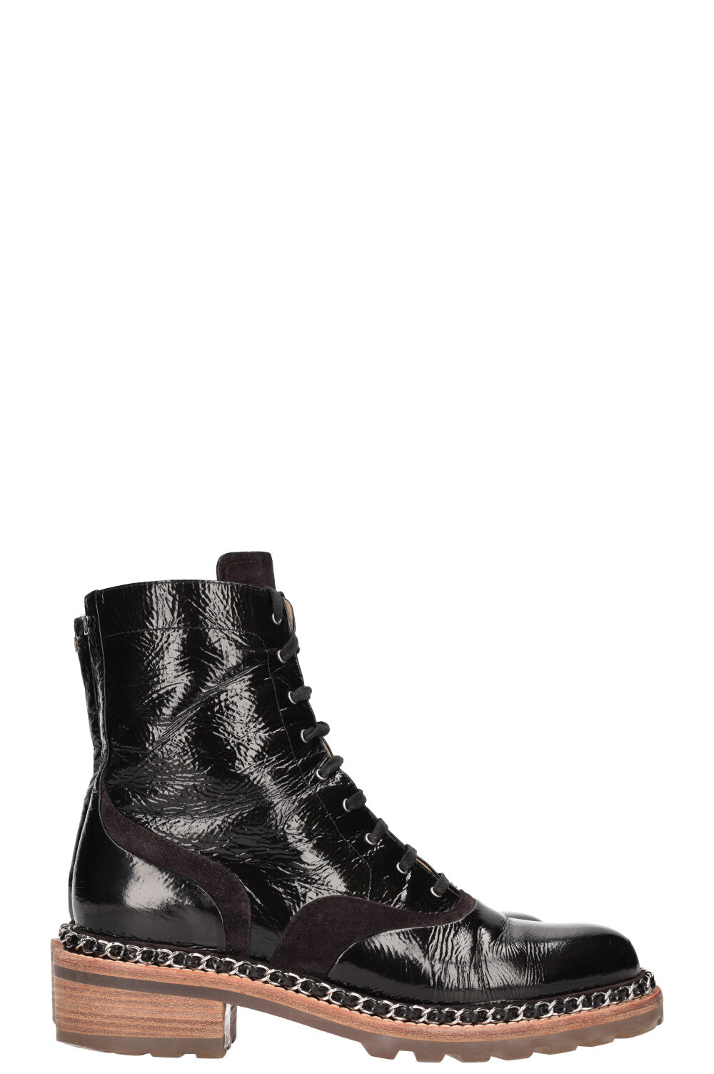 CHANEL Boots Chain Patent Leather Black