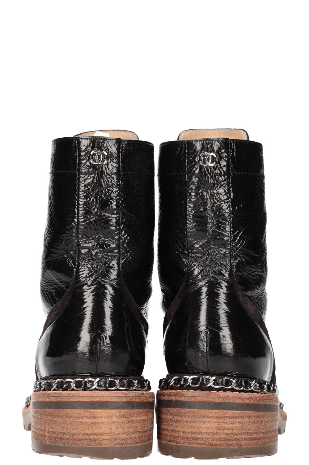 CHANEL Boots Chain Patent Leather Black