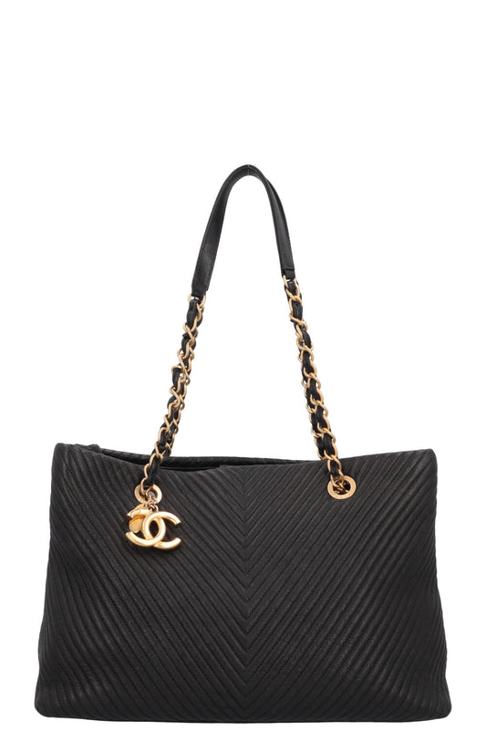 CHANEL Surpique Chevron Tote Bag Leather Black