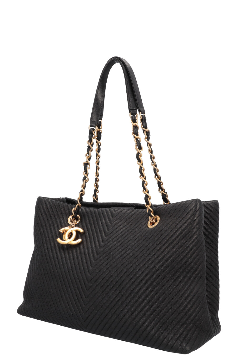 CHANEL Surpique Chevron Tote Bag Leather Black