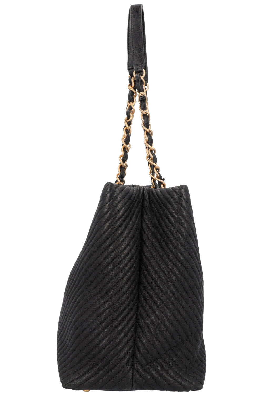 CHANEL Surpique Chevron Tote Bag Leather Black