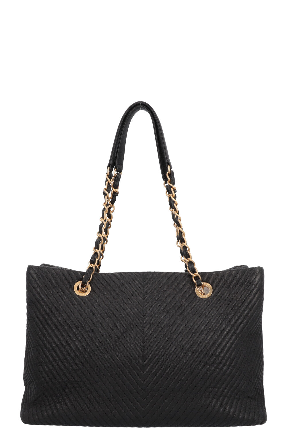CHANEL Surpique Chevron Tote Bag Leather Black