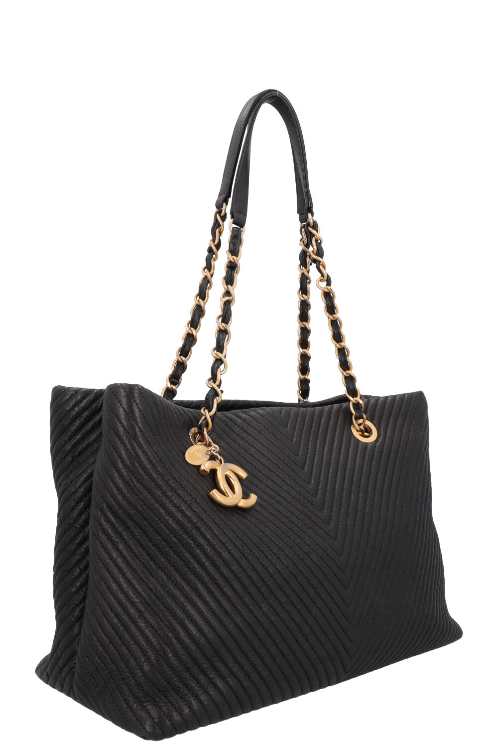 CHANEL Surpique Chevron Tote Bag Leather Black