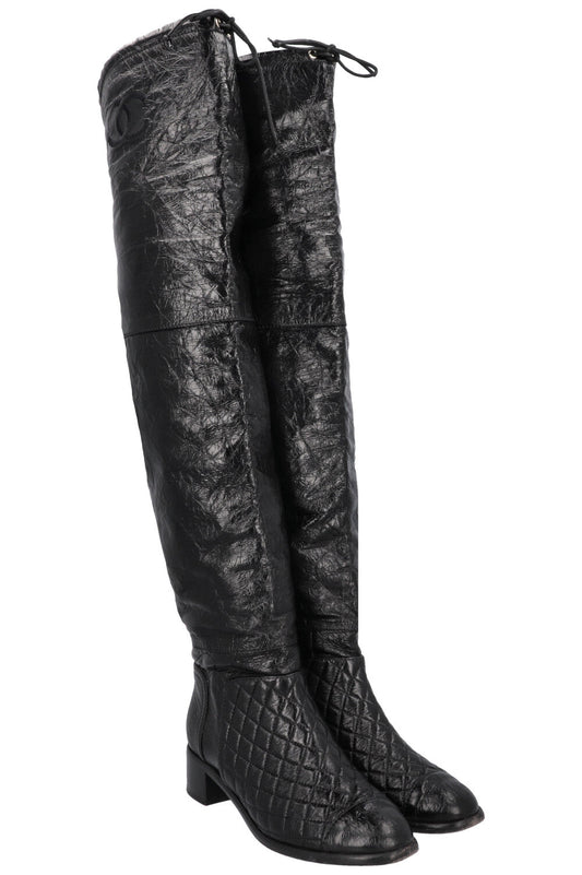 CHANEL 2018 Matelasse CC Overknee Boots Black Patent