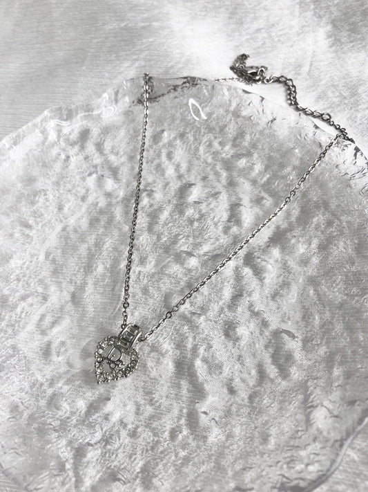 Christian Dior Logo Motif Rhinestone Necklace Silver Vintage a752cj