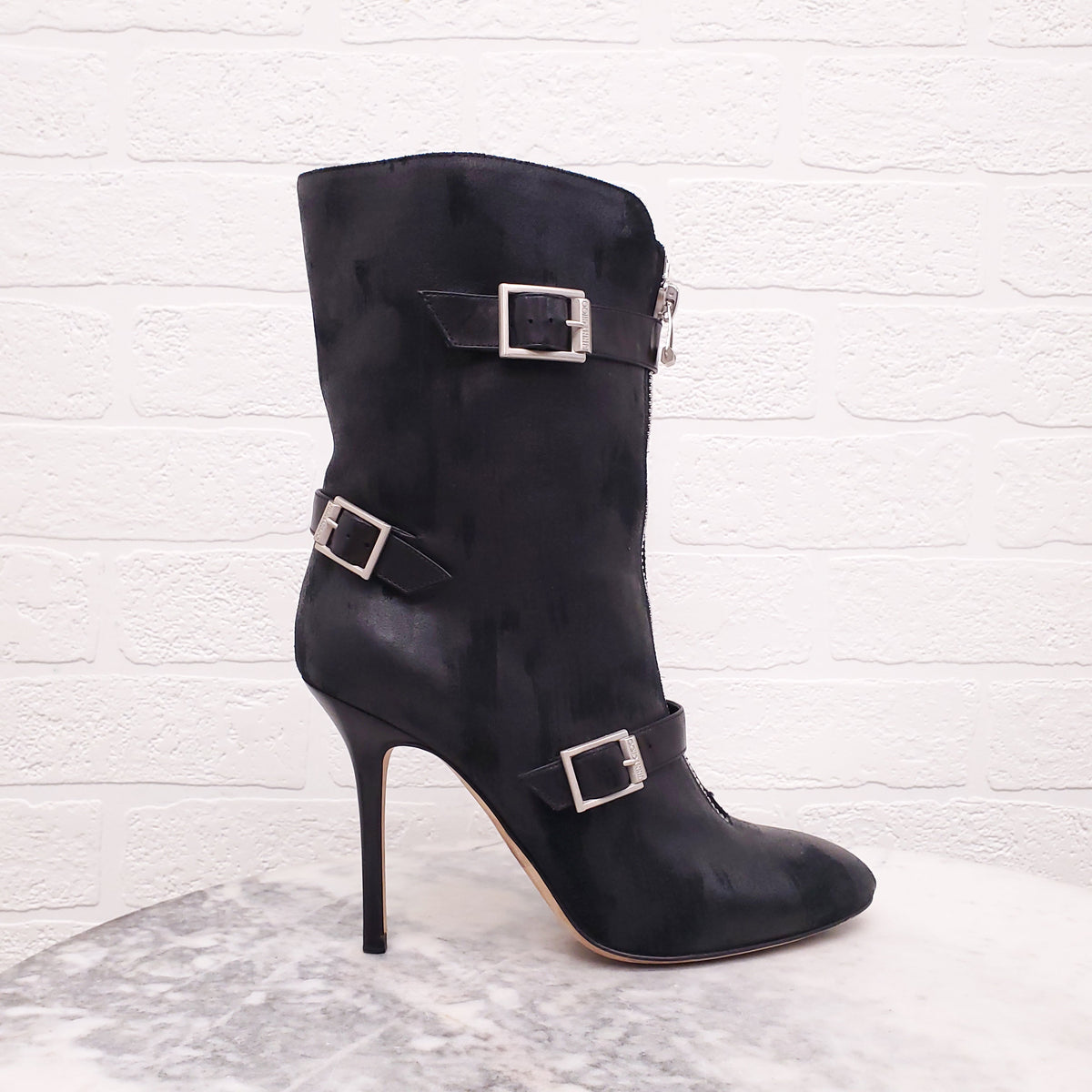 JIMMY CHOO BLACK LEATHER HEELED BOOTS WITH BUCKLE - SIZE 38.5