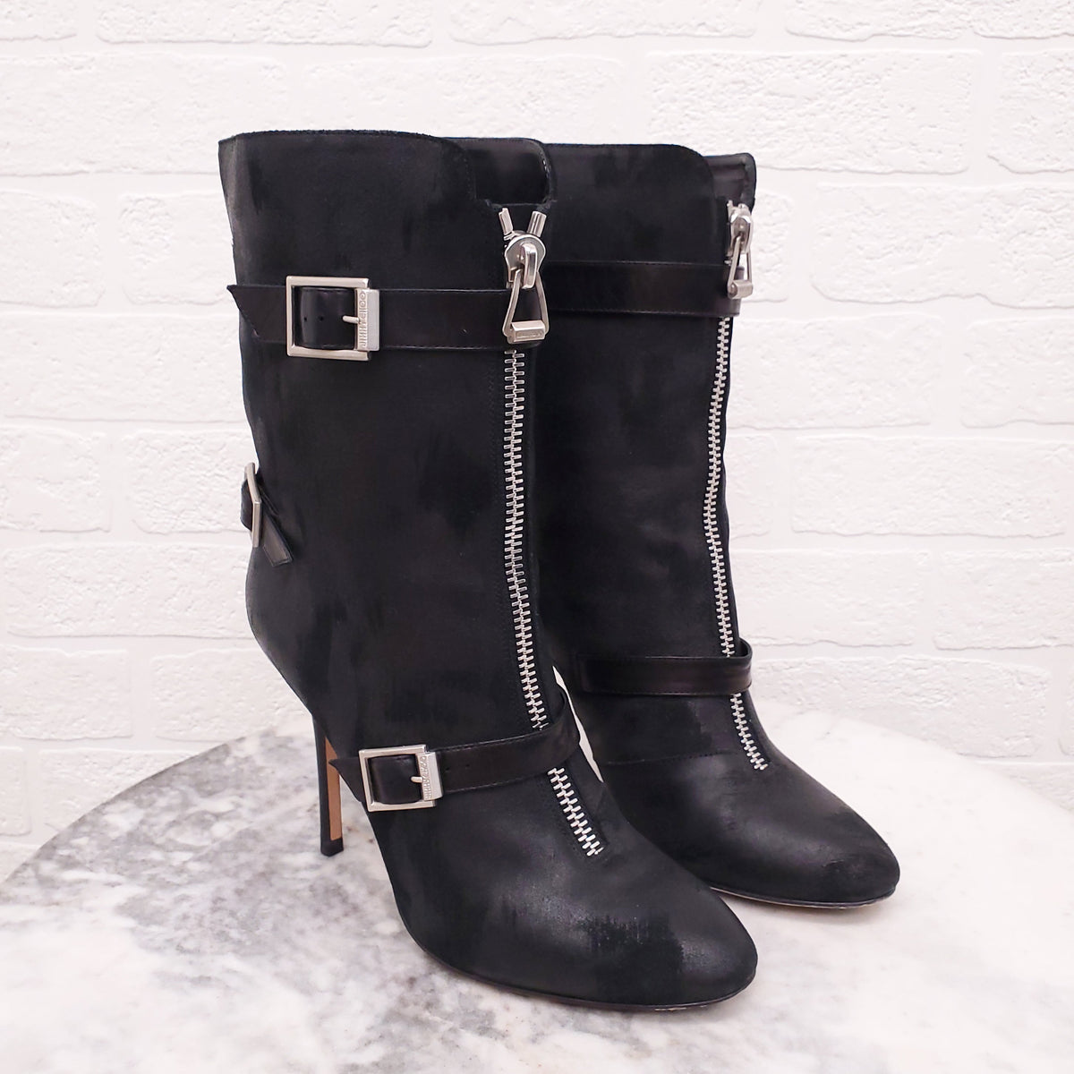 JIMMY CHOO BLACK LEATHER HEELED BOOTS WITH BUCKLE - SIZE 38.5