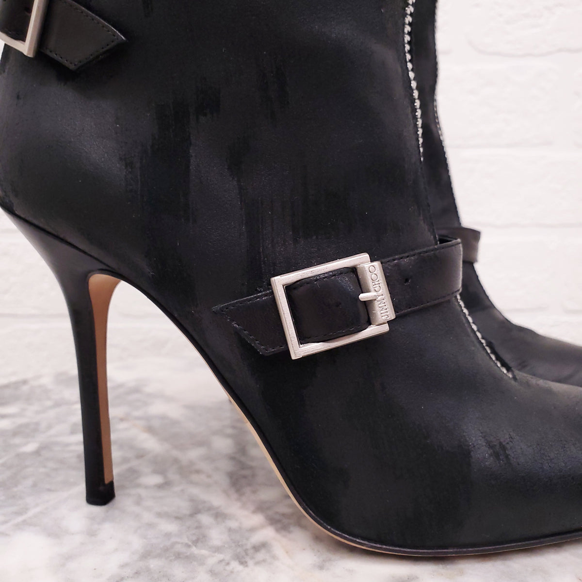 JIMMY CHOO BLACK LEATHER HEELED BOOTS WITH BUCKLE - SIZE 38.5