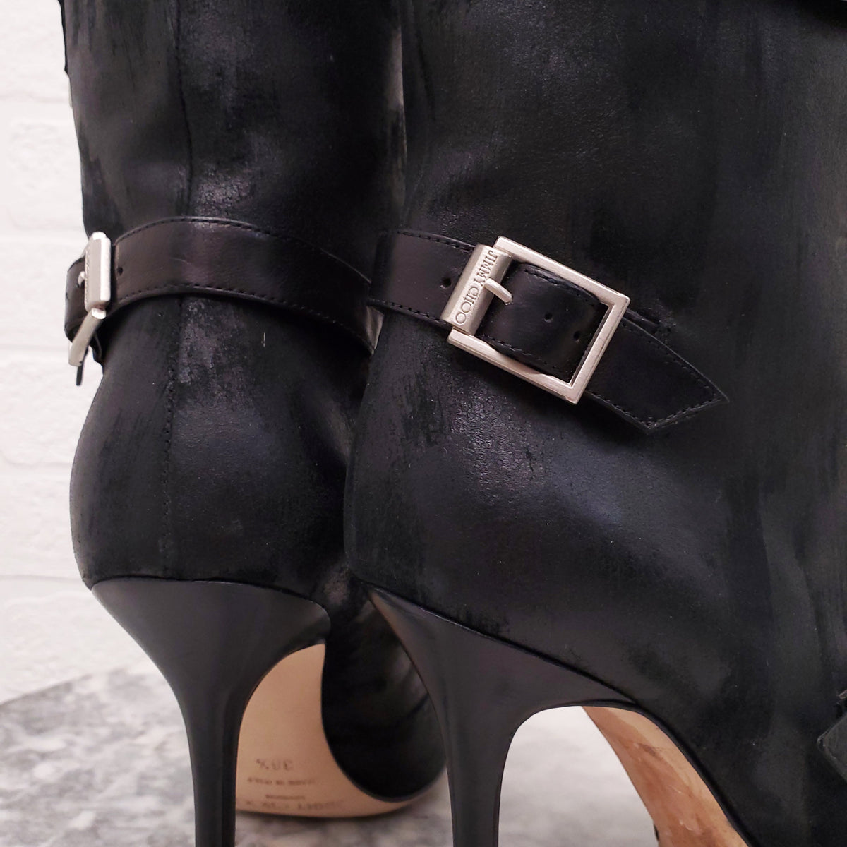 JIMMY CHOO BLACK LEATHER HEELED BOOTS WITH BUCKLE - SIZE 38.5