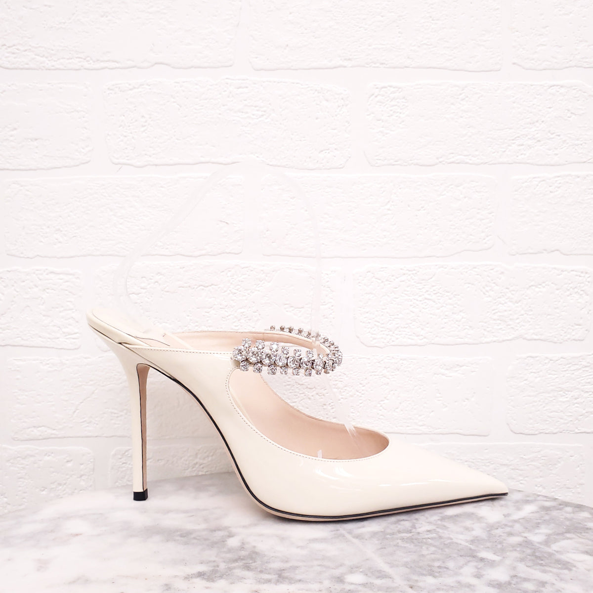 JIMMY CHOO CREAM PATENT CRYSTAL MULES - SIZE 41