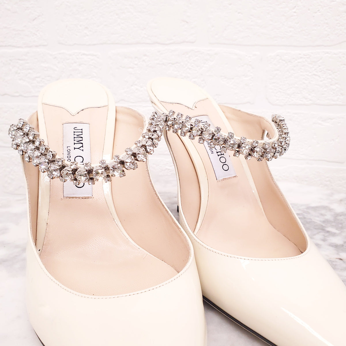 JIMMY CHOO CREAM PATENT CRYSTAL MULES - SIZE 41