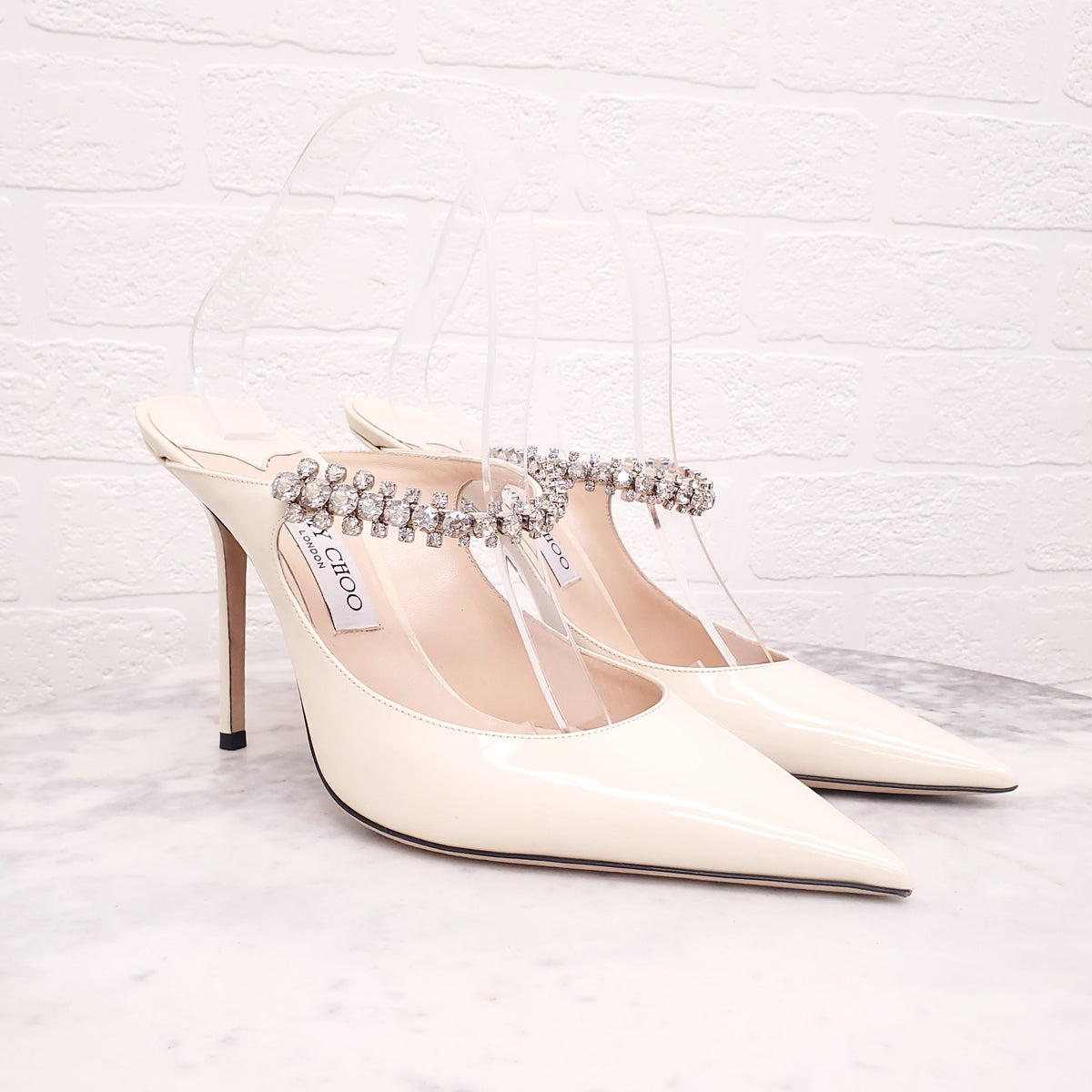 JIMMY CHOO CREAM PATENT CRYSTAL MULES - SIZE 41