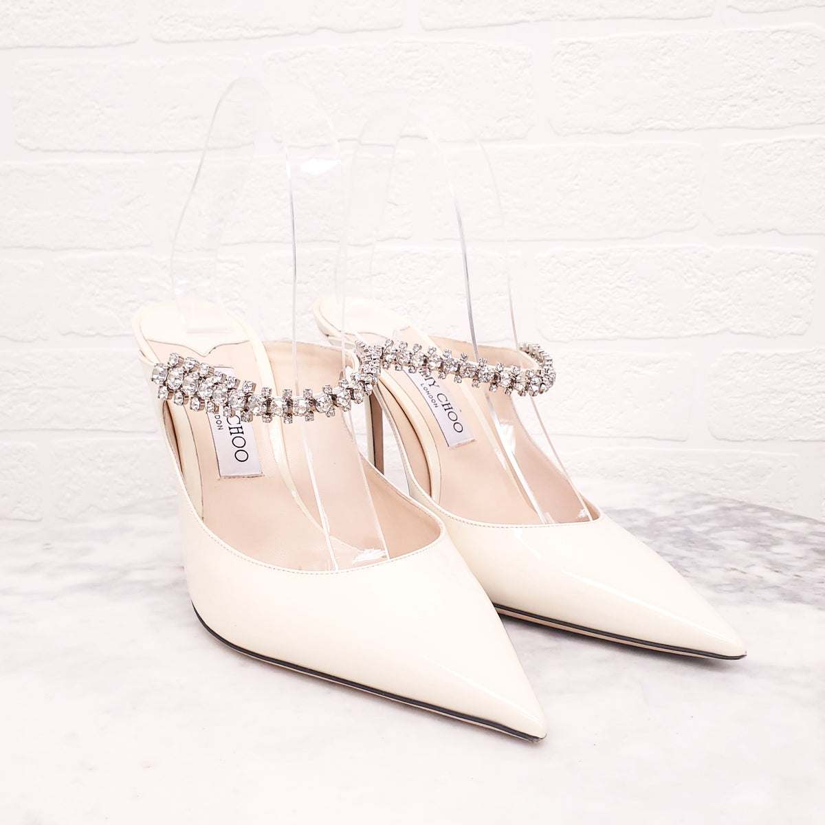JIMMY CHOO CREAM PATENT CRYSTAL MULES - SIZE 41