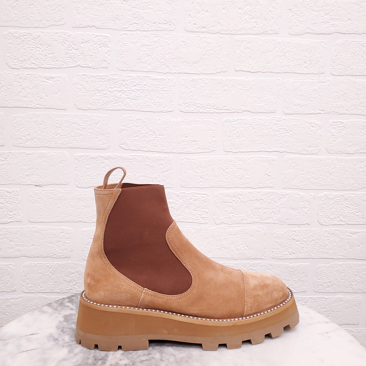 JIMMY CHOO TAN SUEDE 'CLAYTON' CHELSEA BOOTS - SIZE 38.5