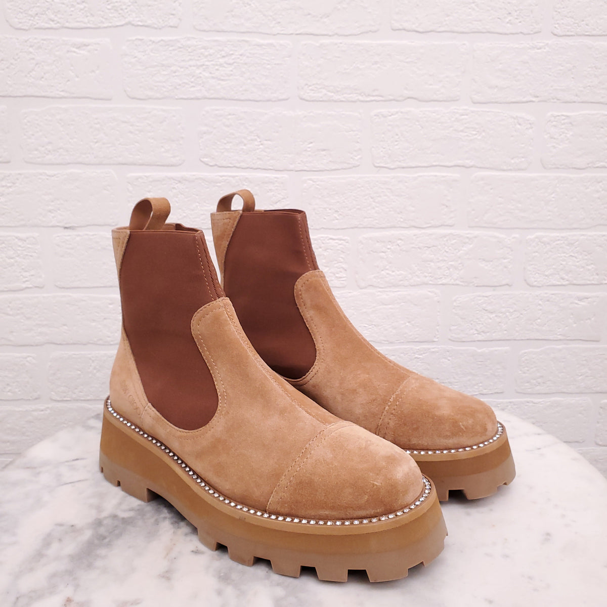 JIMMY CHOO TAN SUEDE 'CLAYTON' CHELSEA BOOTS - SIZE 38.5