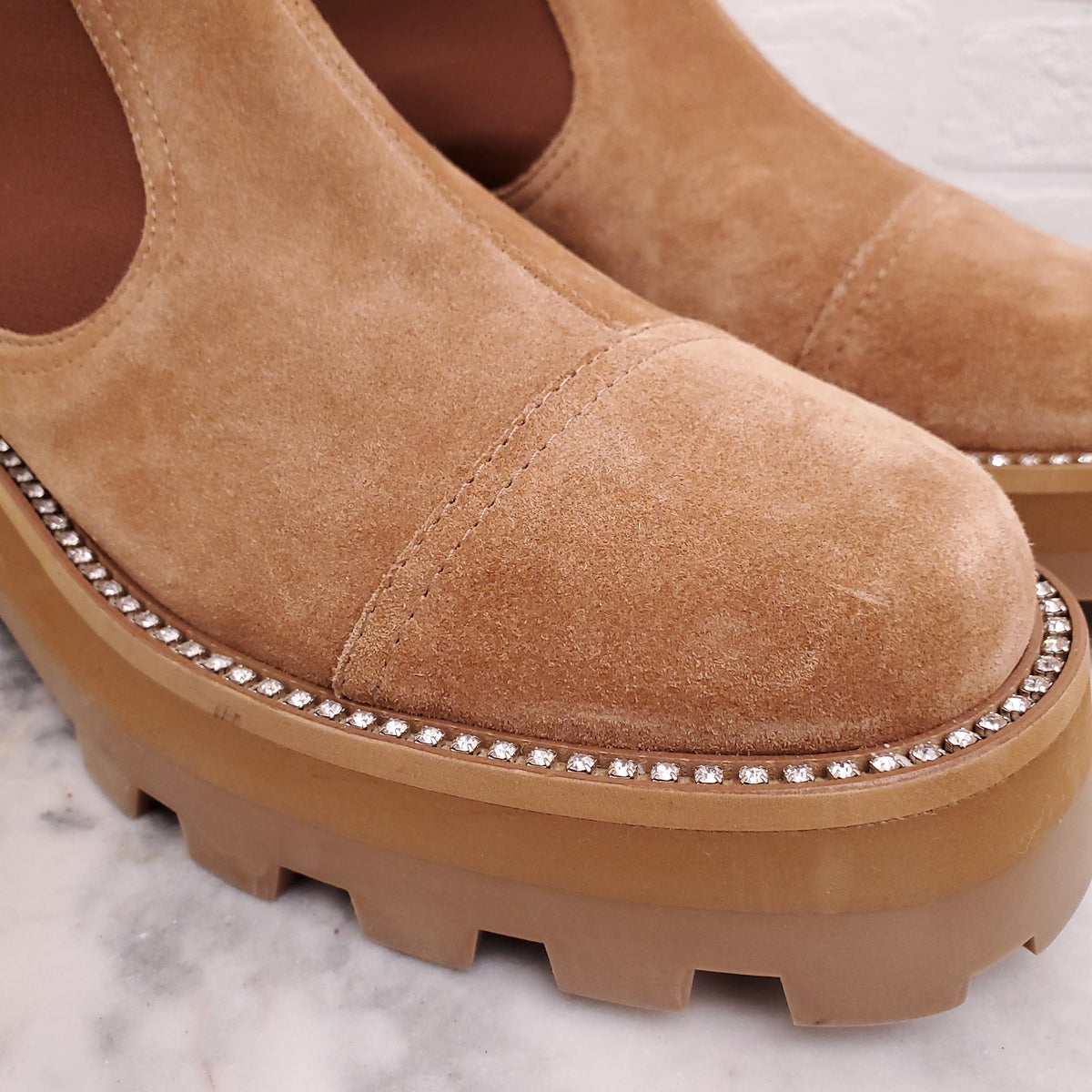 JIMMY CHOO TAN SUEDE 'CLAYTON' CHELSEA BOOTS - SIZE 38.5