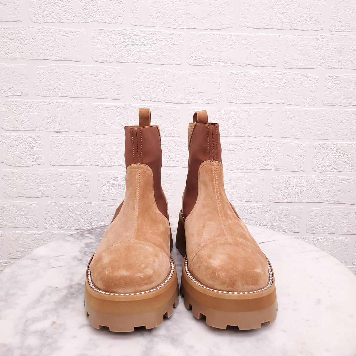 JIMMY CHOO TAN SUEDE 'CLAYTON' CHELSEA BOOTS - SIZE 38.5