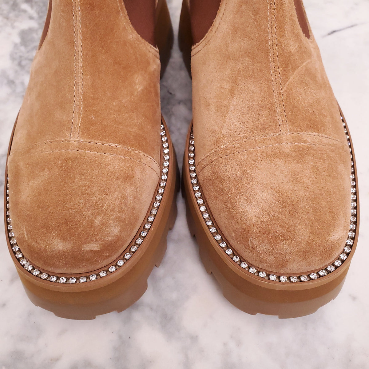 JIMMY CHOO TAN SUEDE 'CLAYTON' CHELSEA BOOTS - SIZE 38.5