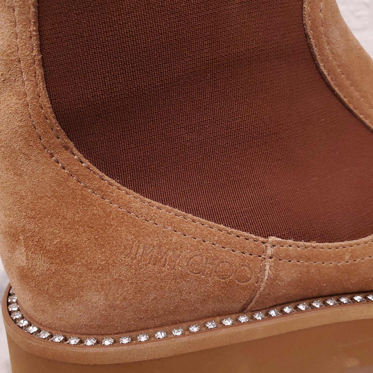 JIMMY CHOO TAN SUEDE 'CLAYTON' CHELSEA BOOTS - SIZE 38.5