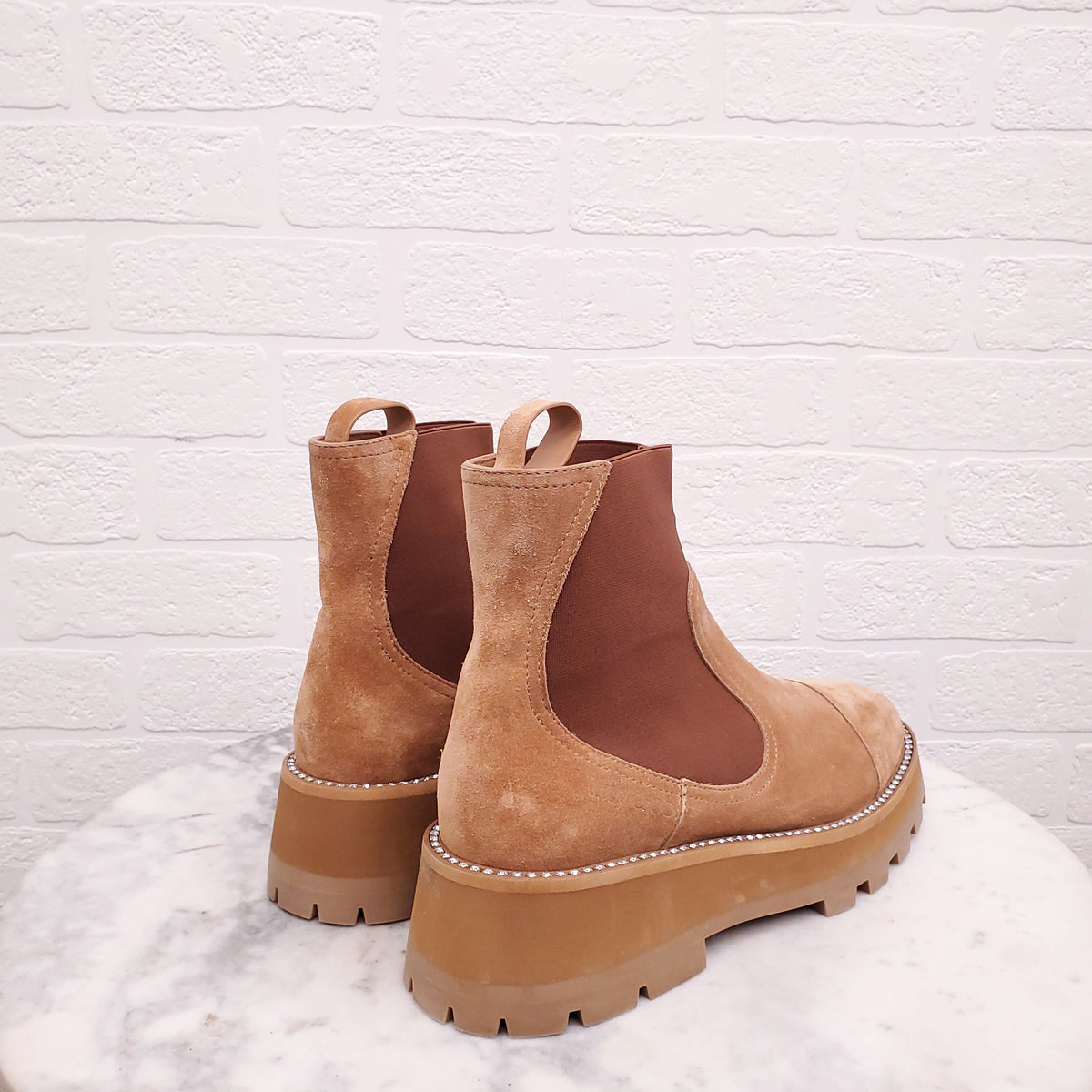JIMMY CHOO TAN SUEDE 'CLAYTON' CHELSEA BOOTS - SIZE 38.5