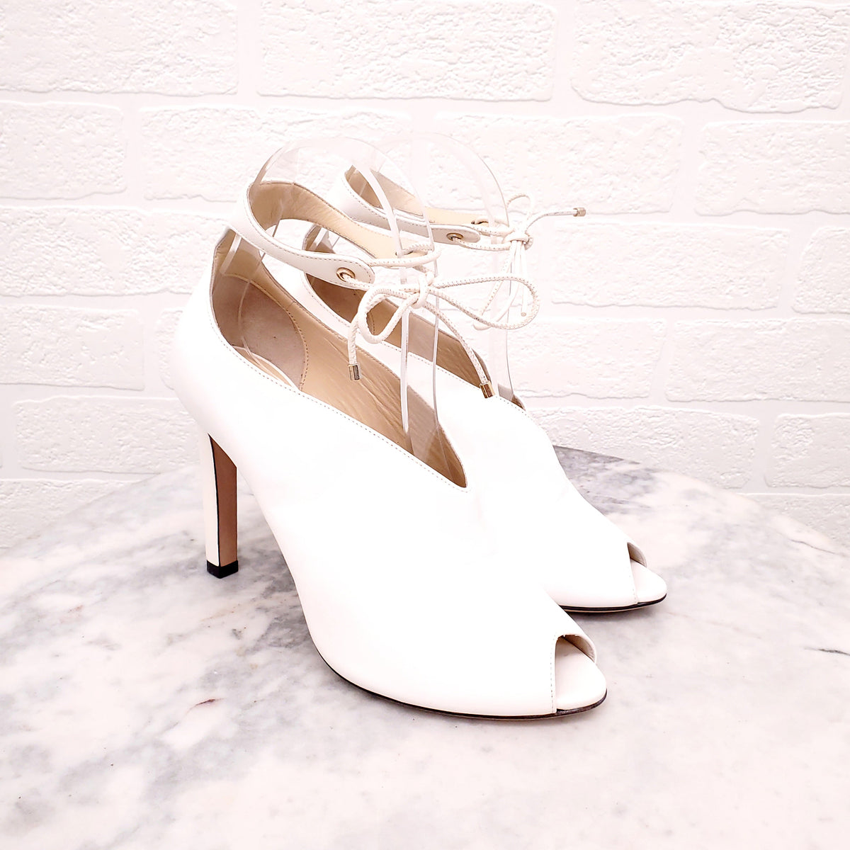 JIMMY CHOO WHITE LEATHER PEEP TOE BOOTS - SIZE 37.5