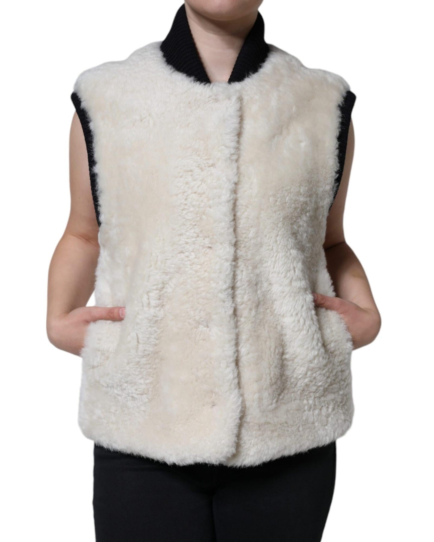 Burberry Shearling Leather Vest Coat Jacket with Front Pockets and Button Closure 44 White