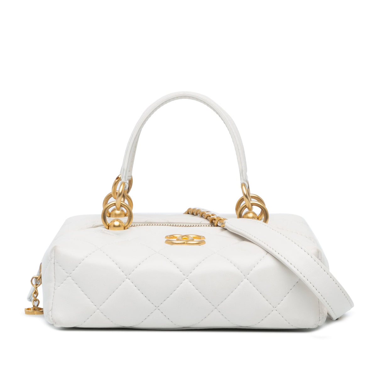 White Chanel Métiers d'Art CC Quilted Lambskin Box with Top Handle Bag Satchel