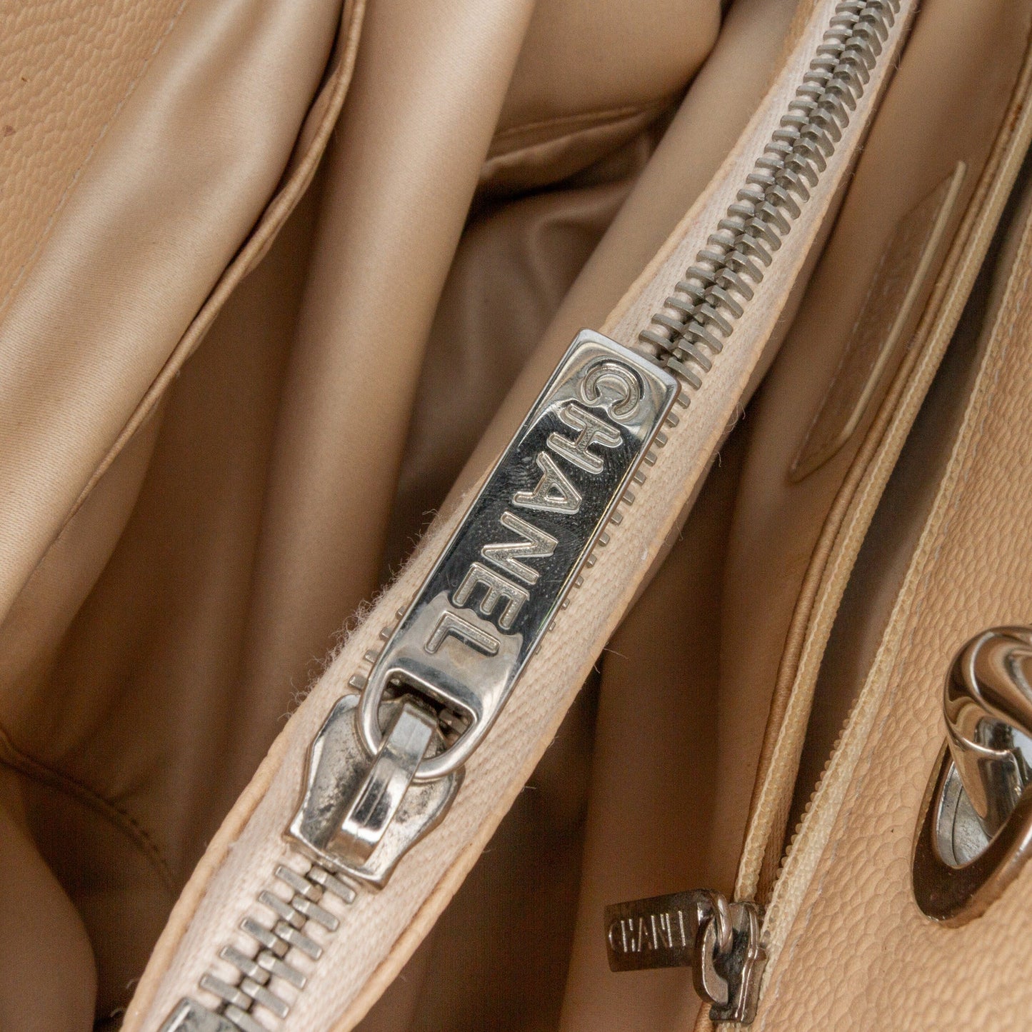 Cream Chanel Caviar Grand Shopping Tote