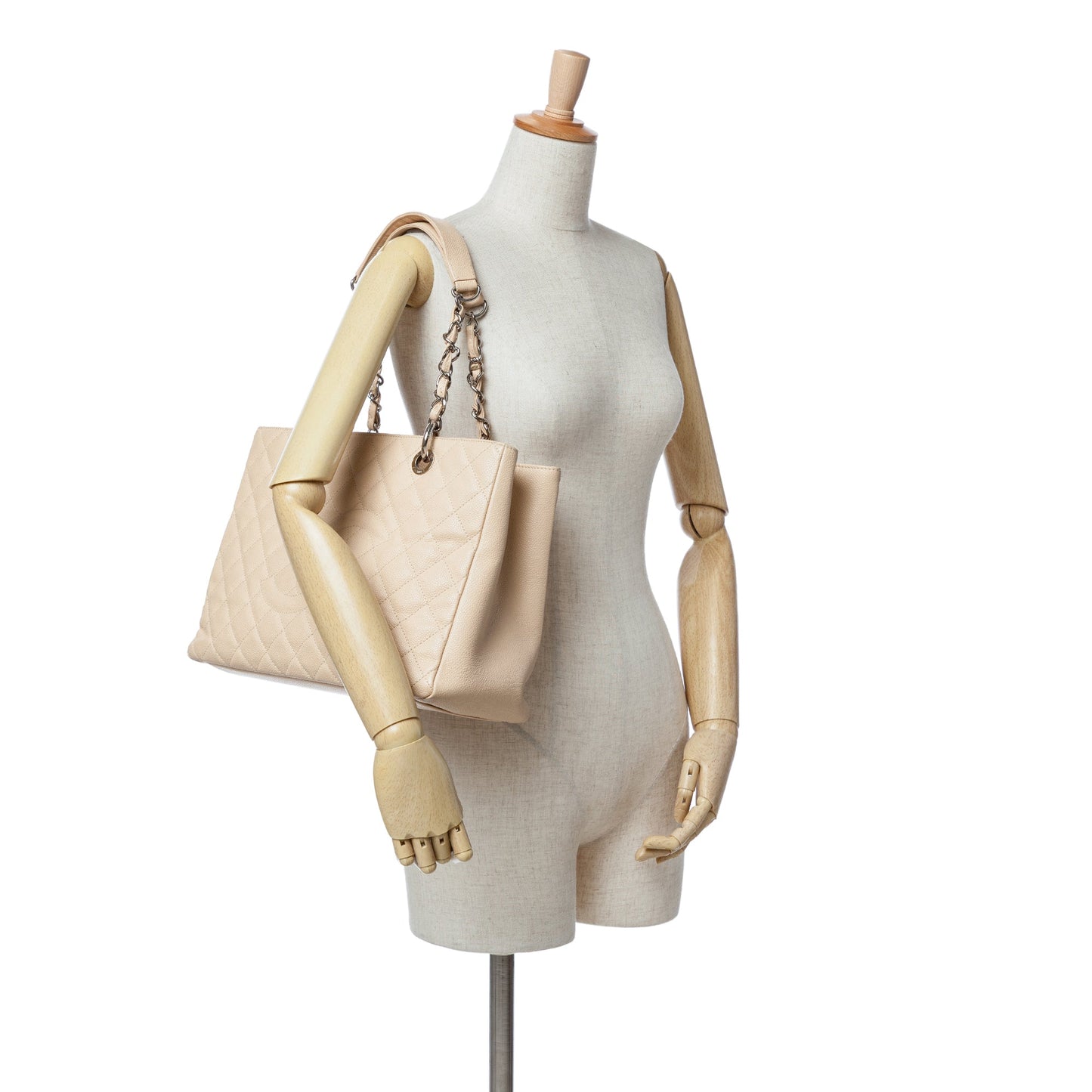 Cream Chanel Caviar Grand Shopping Tote