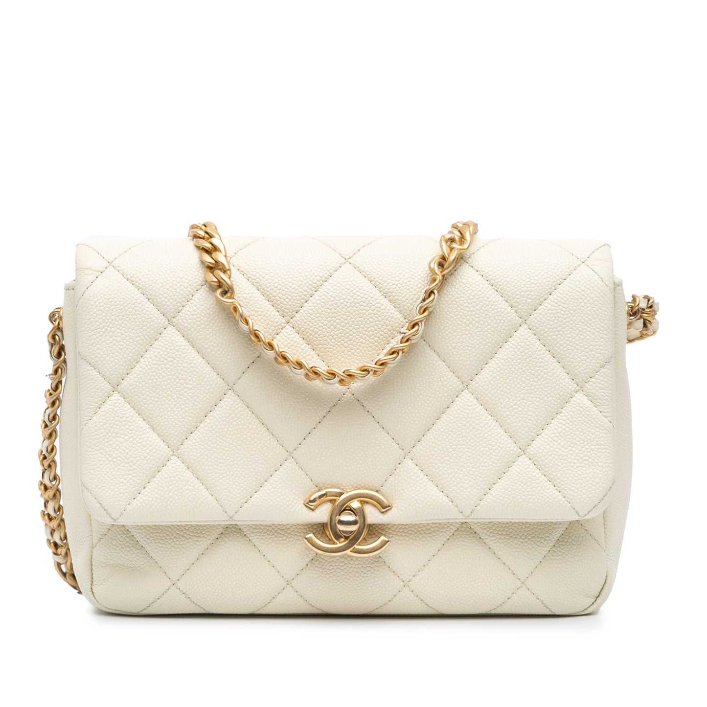 White Chanel Small Quilted Caviar Chain Melody Flap Crossbody Bag