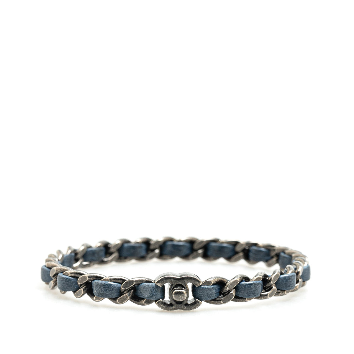 Silver Chanel Silver Plated Leather Woven Chain CC Turnlock Bracelet