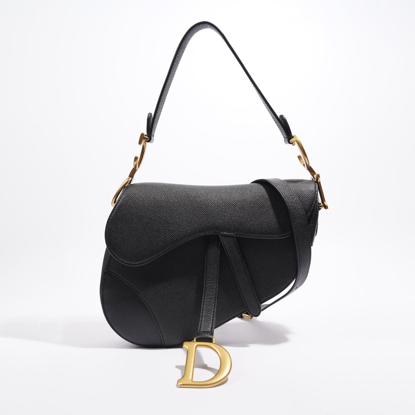 Christian Dior Saddle Bag With Strap Black Grained Leather
