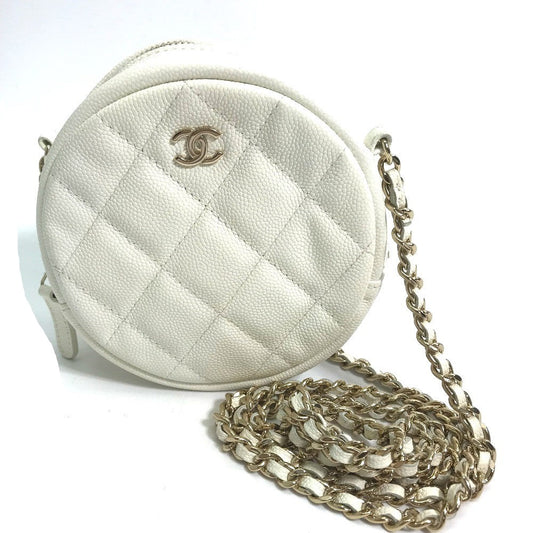 CHANEL Shoulder Bag Caviar skin white CC COCO Mark Quilted Pochette Matelasse Women Used