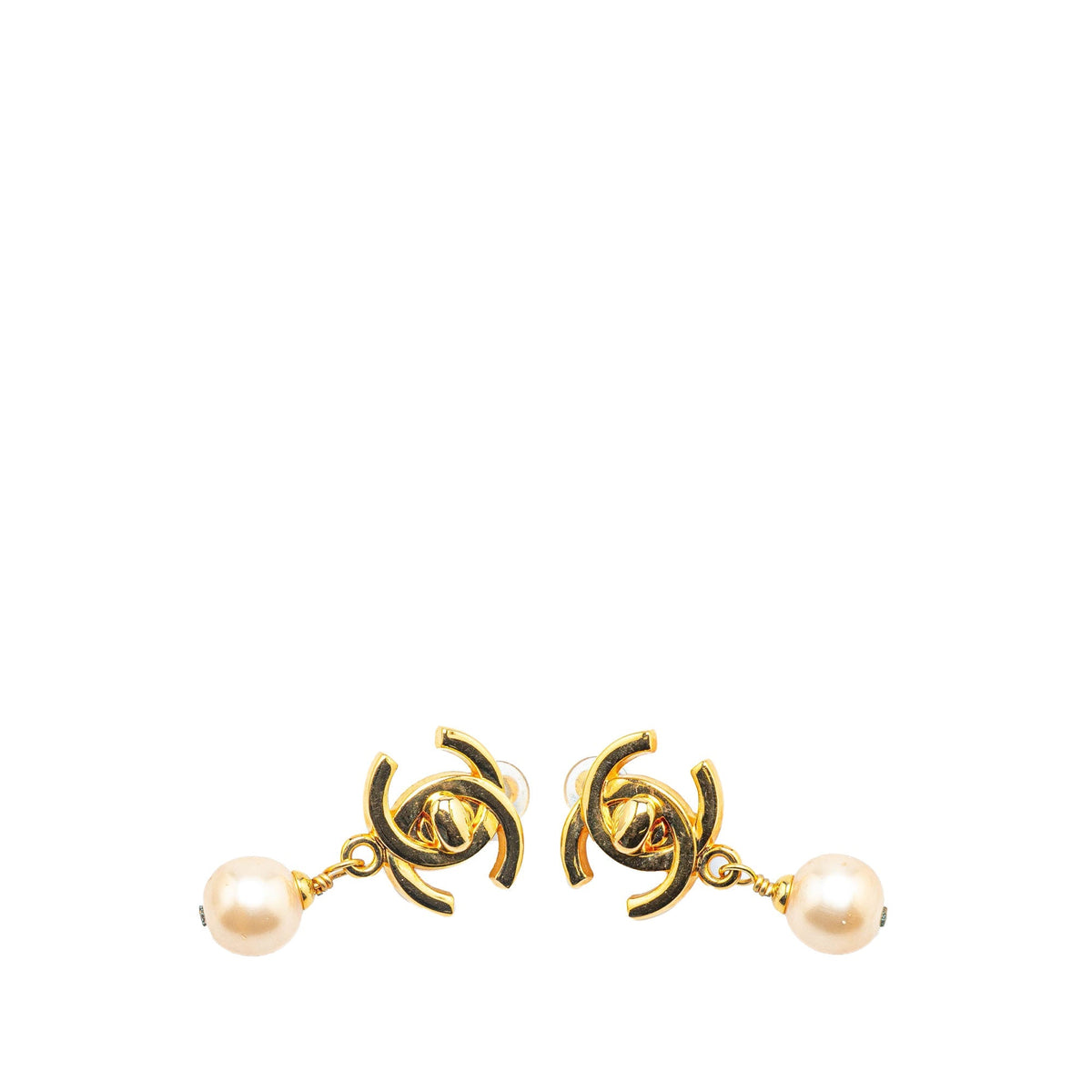 Gold Chanel Gold Plated CC Turnlock Faux Pearl Drop Clip on Earrings
