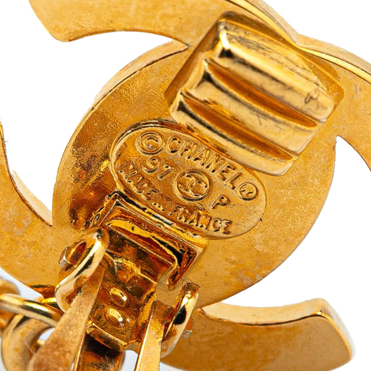 Gold Chanel Gold Plated CC Turnlock Faux Pearl Drop Clip on Earrings