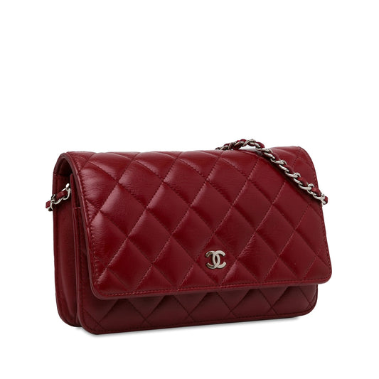 Red Chanel Classic Lambskin Wallet on Chain Crossbody Bag