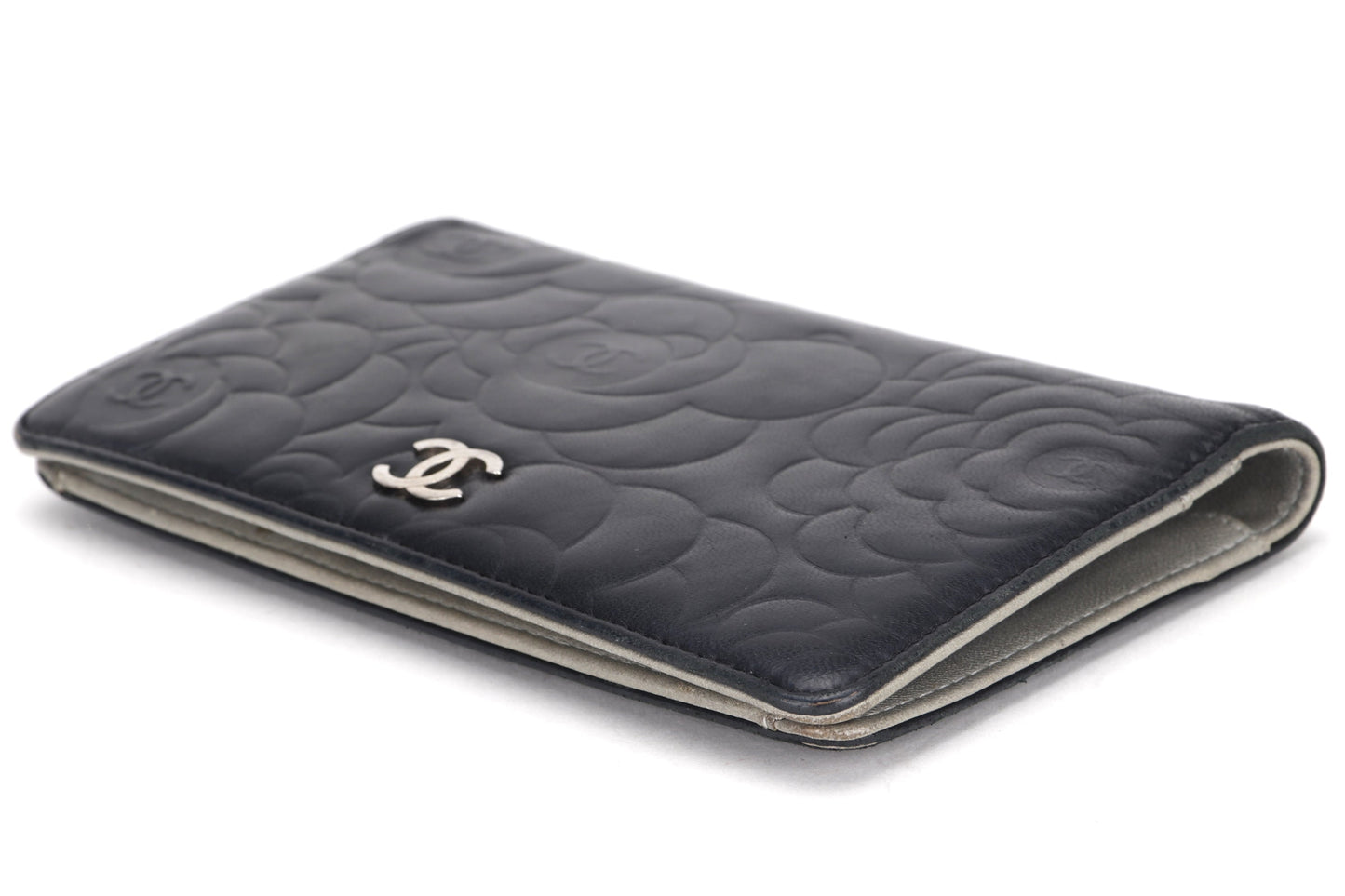 CHANEL CAMELLIA BLACK LAMBSKIN LEATHER LONG WALLET (1671xxxx) SILVER HARDWARE, WITH  & BOX