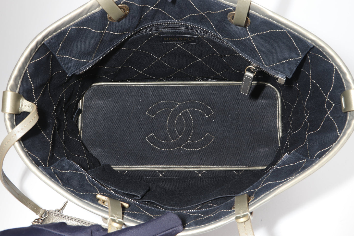 CHANEL SHOPPING FEVER TOTE (2032xxxx) WILD STITCH KHAKI CAVIAR LEATHER GOLD HARDWARE, WITH POUCH, , DUST COVER & BOX