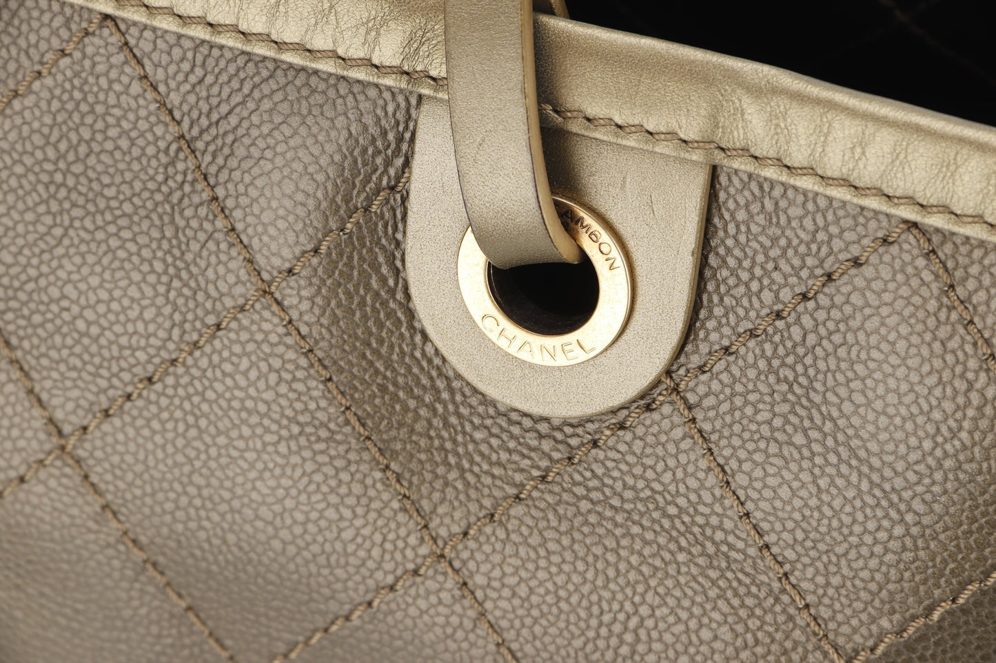 CHANEL SHOPPING FEVER TOTE (2032xxxx) WILD STITCH KHAKI CAVIAR LEATHER GOLD HARDWARE, WITH POUCH, , DUST COVER & BOX