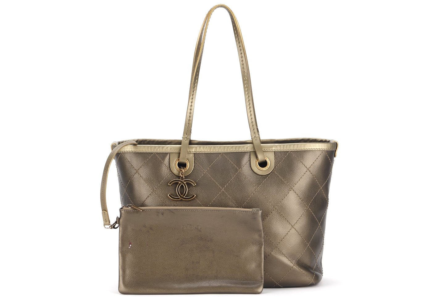 CHANEL SHOPPING FEVER TOTE (2032xxxx) WILD STITCH KHAKI CAVIAR LEATHER GOLD HARDWARE, WITH POUCH, , DUST COVER & BOX