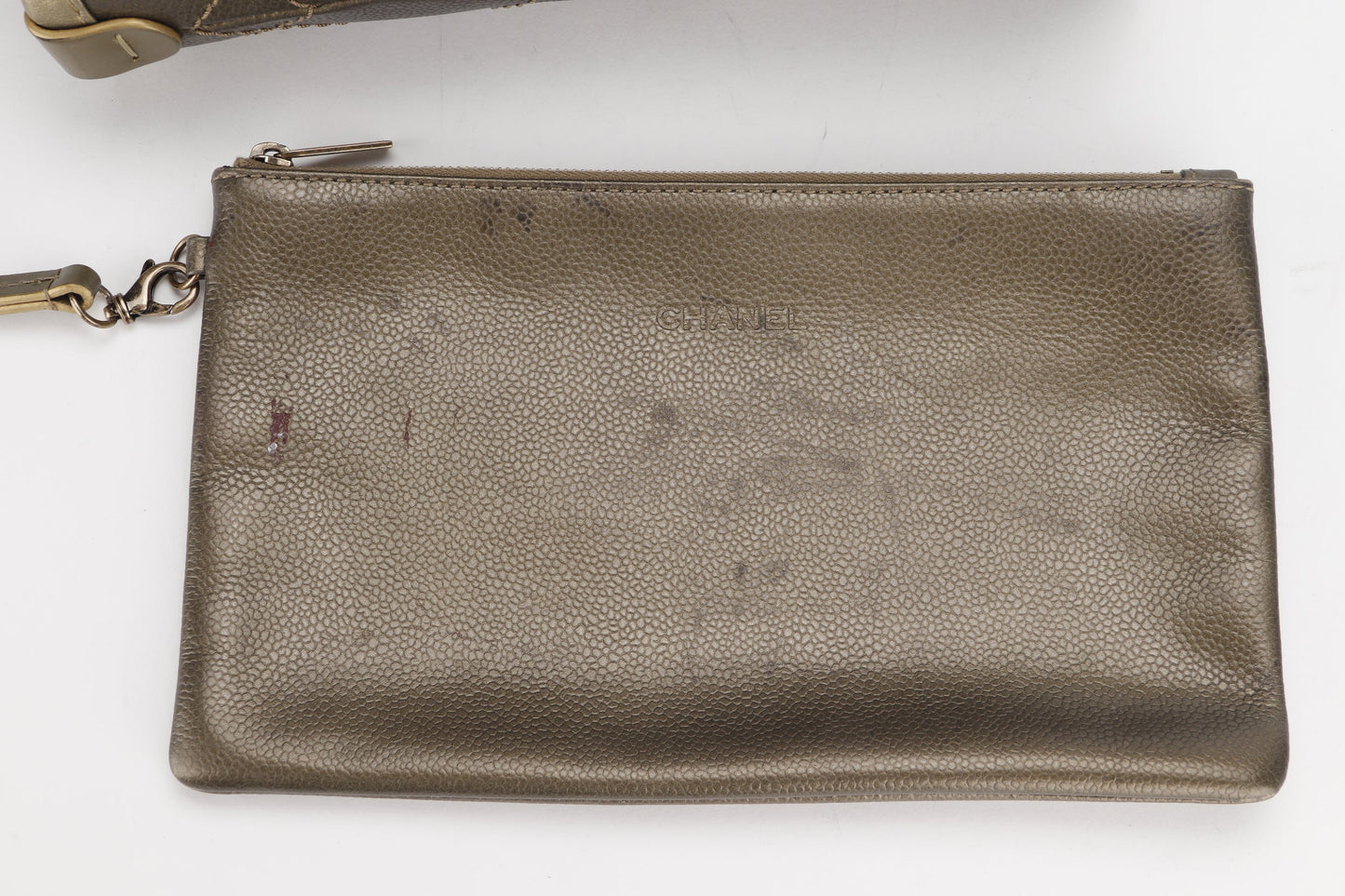 CHANEL SHOPPING FEVER TOTE (2032xxxx) WILD STITCH KHAKI CAVIAR LEATHER GOLD HARDWARE, WITH POUCH, , DUST COVER & BOX