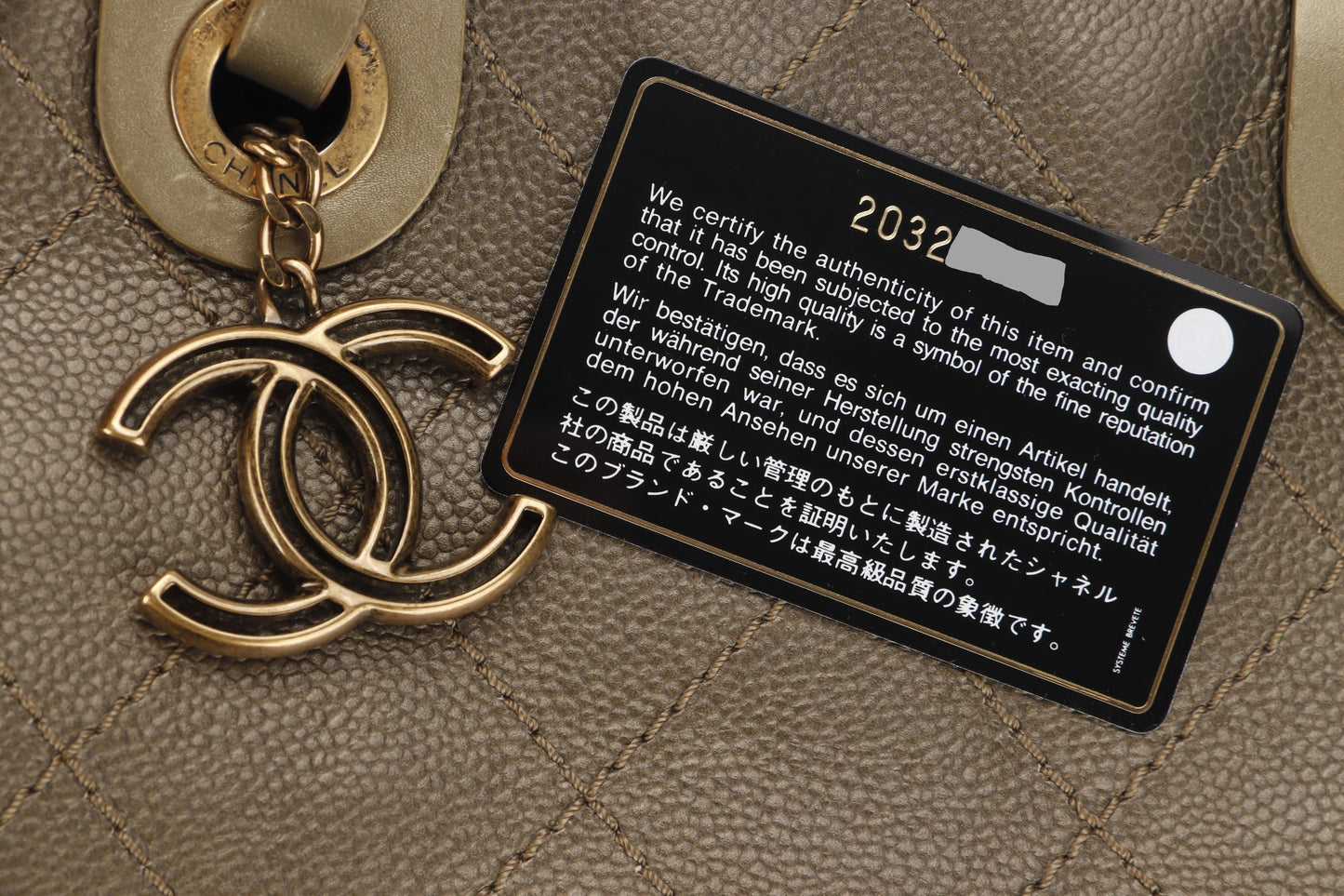 CHANEL SHOPPING FEVER TOTE (2032xxxx) WILD STITCH KHAKI CAVIAR LEATHER GOLD HARDWARE, WITH POUCH, , DUST COVER & BOX