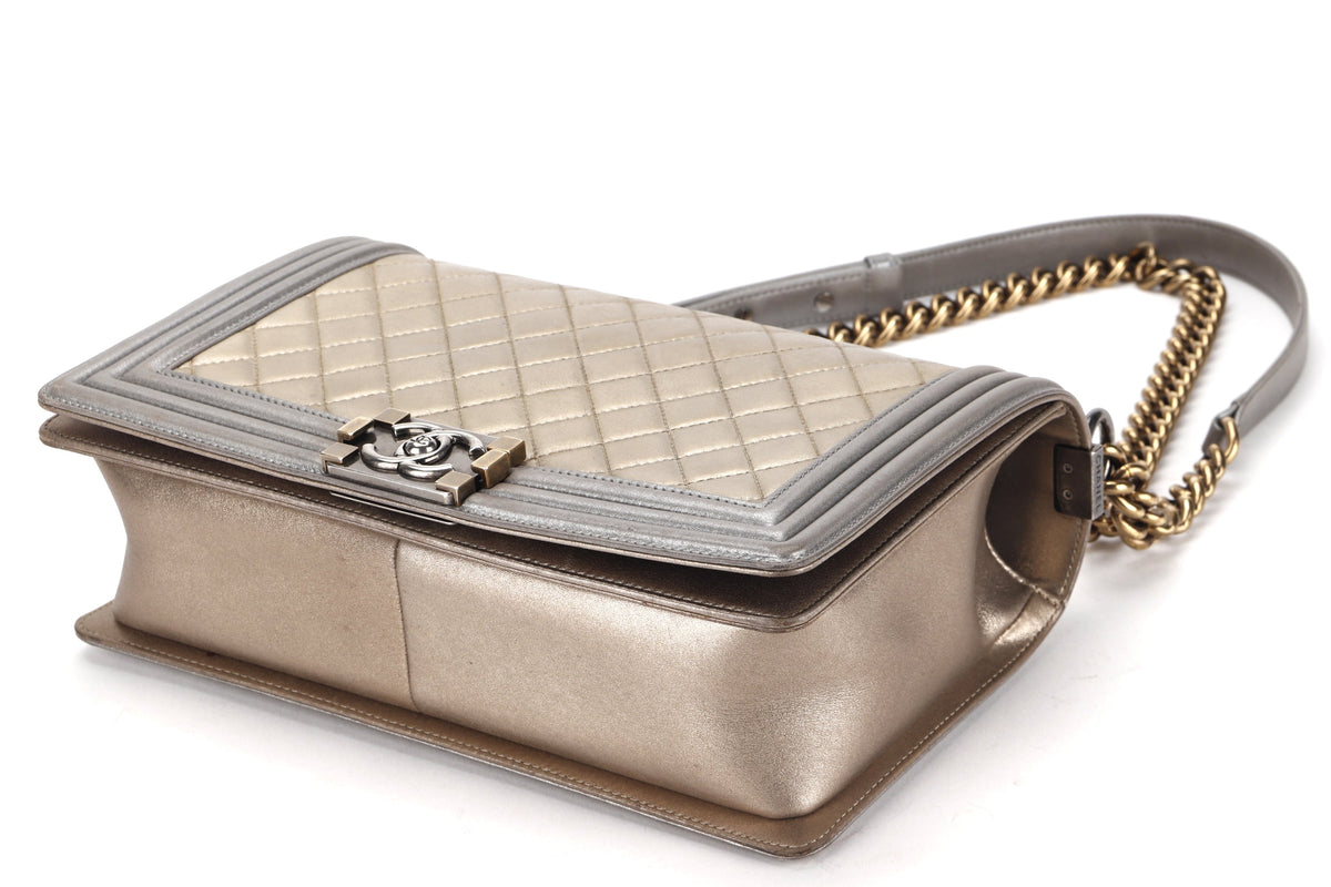 CHANEL LE BOY (1961xxxx) NEW MEDIUM GOLD SILVER METALLIC CALFSKIN RUTHENIUM HARDWARE, WITH , NO DUST COVER