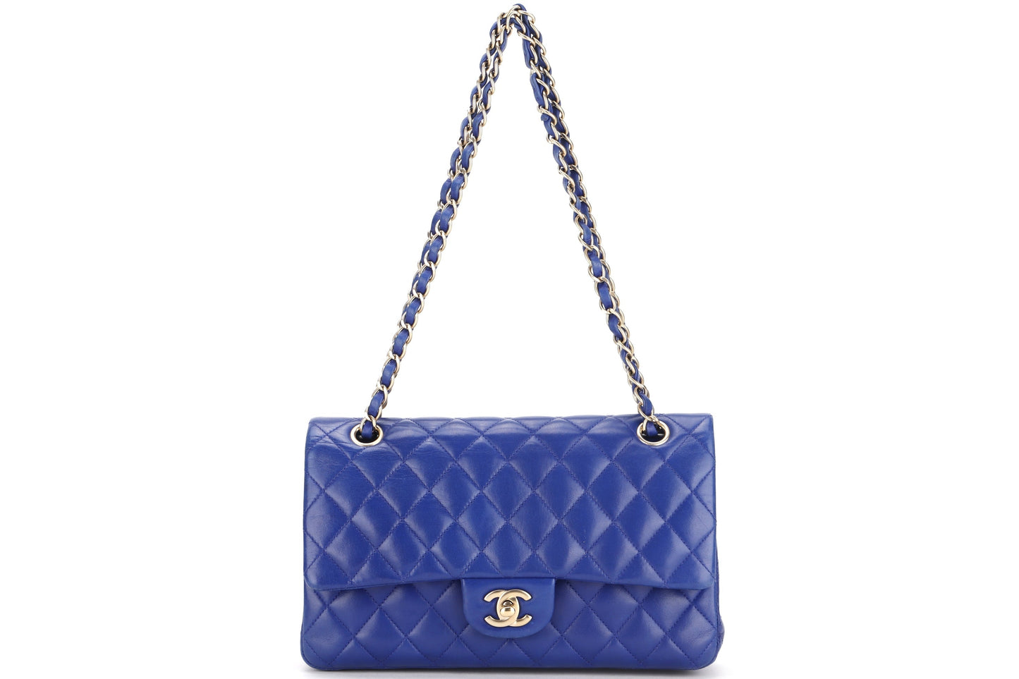 CHANEL CLASSIC DOUBLE FLAP (1813xxxx) MEDIUM BLUE LAMBSKIN LIGHT GOLD HARDWARE, WITH , NO DUST COVER