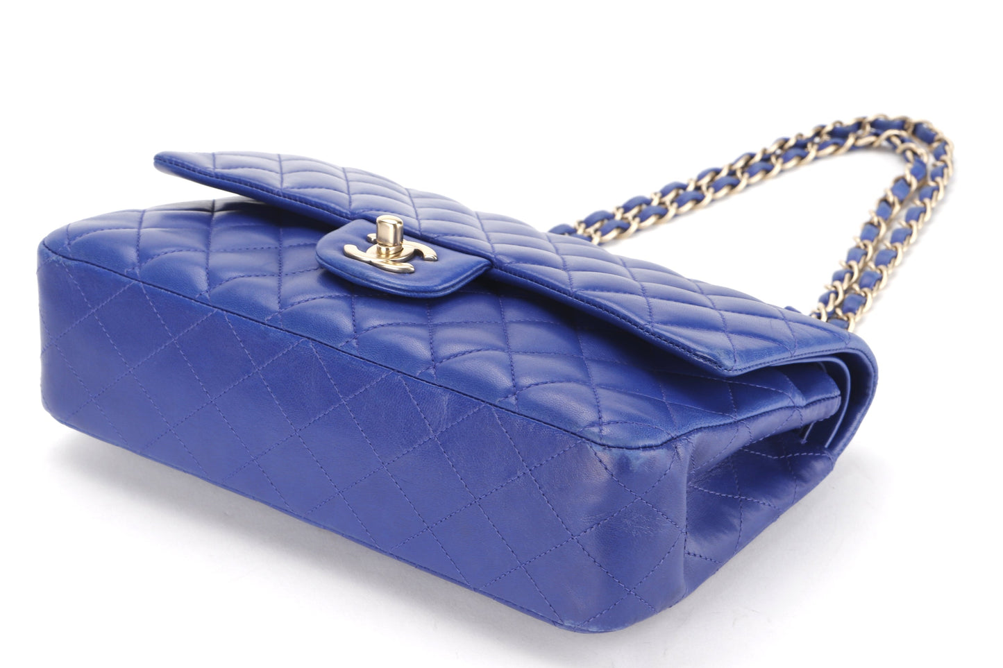 CHANEL CLASSIC DOUBLE FLAP (1813xxxx) MEDIUM BLUE LAMBSKIN LIGHT GOLD HARDWARE, WITH , NO DUST COVER