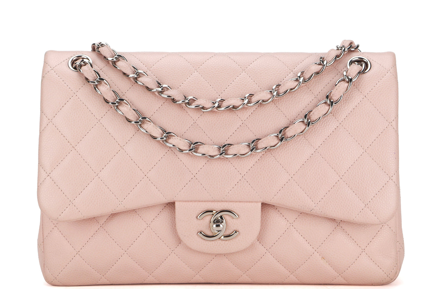 CHANEL DOUBLE FLAP BAG (1893xxxx) JUMBO LIGHT PINK CAVIAR LEATHER SILVER HARDWARE, WITH DUST COVER, NO